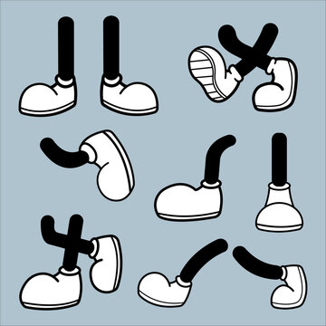Set of different types of legs in shoes. Vector illustration in retro cartoon style
