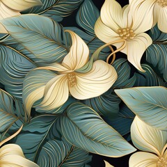 Luxury seamless floral background with golden monstera leaves. Romantic pattern template for wall decor. generative ai.