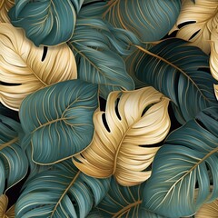 Luxury seamless floral background with golden monstera leaves. Romantic pattern template for wall decor. generative ai. - obrazy, fototapety, plakaty