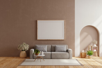 Horizontal poster frame mockup in scandinavian style living room interior