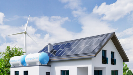 Hydrogen energy house have solar panels and wind turbine facility