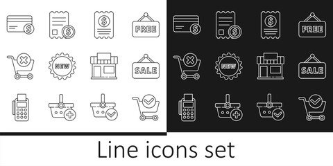 Set line Shopping cart with check mark, Hanging sign Sale, Paper and financial, Price tag text New, Remove shopping, Credit card dollar, building or market store and icon. Vector