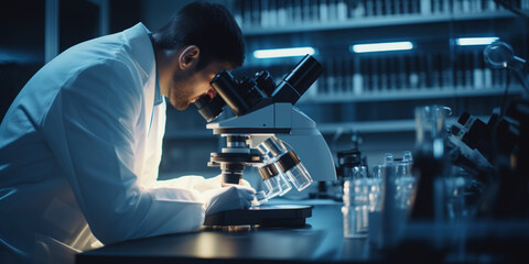 Scientist researcher using microscope in laboratory