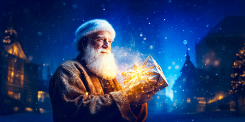 Santa Claus or Saint Nicholas holding magic gift box. Christmas time. Fairytale