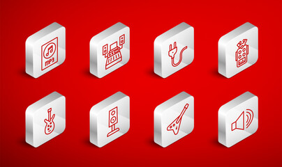 Set line Speaker volume, Music recording studio, Electric plug, Microphone, bass guitar, MP3 file document, Stereo speaker and icon. Vector