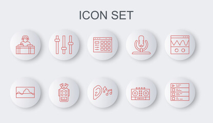 Set line Music playlist, wave equalizer, Drum machine, DJ remote and mixing music, playing, Microphone and Ear listen sound signal icon. Vector