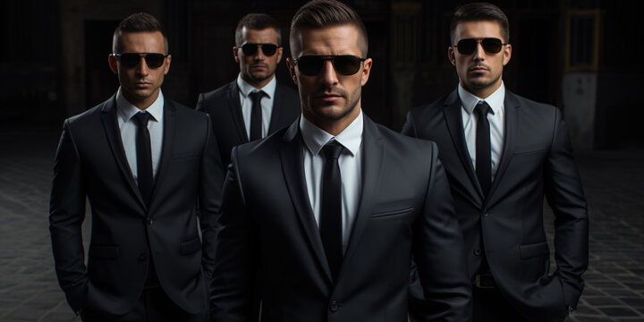 Bodyguards in suits. A group of professional serious bodyguards in business attire and sunglasses