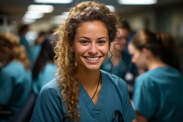 Fototapeta premium Young nursing student standing in front of her team