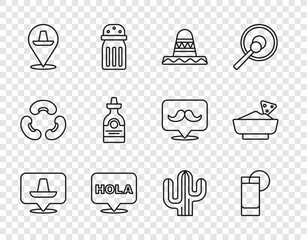 Set line Mexican sombrero, Tequila glass with lemon, Hola, bottle, Cactus and Nachos in bowl icon. Vector © vector_v