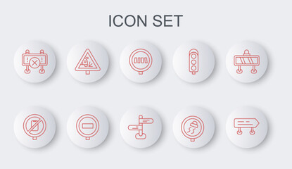 Set line Road traffic sign, No cell phone, Pedestrian crosswalk, Slippery road, barrier, Warning, Stop and icon. Vector