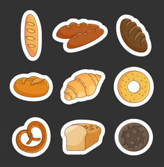 Bakery product. Bread, loaf, baguette, pie, bun. Hand drawn style. Sticker Bookmark. Vector drawing. Collection of design elements.
