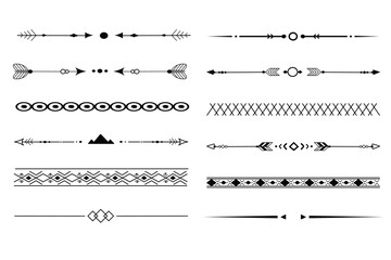 Set tribal ethnic arrow dividers, native indian bow boho in doodle style isolated on white background. Collection borders, decoration elements