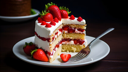 Cheesecake with strawberries, on a plate, triple layer cream cake. 