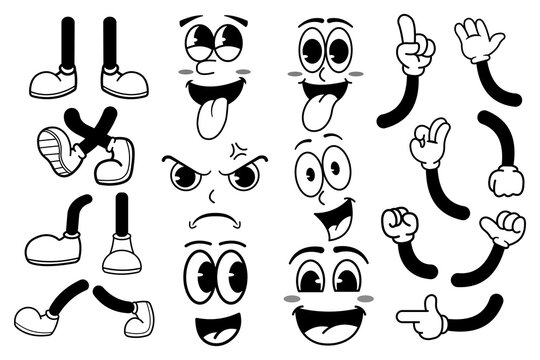 Set of Retro Cartoon hand drawn face expressions legs and hands in gloves. Vector illustration