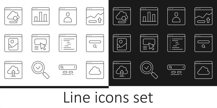 Set line Cloud technology data transfer, Search engine, Create account screen, UI or UX design, Photo retouching, Browser window and Graph chart infographic icon. Vector