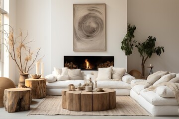 Un salon bohème moderne, minimaliste, confortable et élégant, avec des couleurs neutres. Inspiration pour la décoration intérieure. IA générative, IA - obrazy, fototapety, plakaty