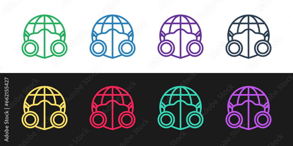 Poster set line earth globe with medical mask icon isolated on black and white background. vector.