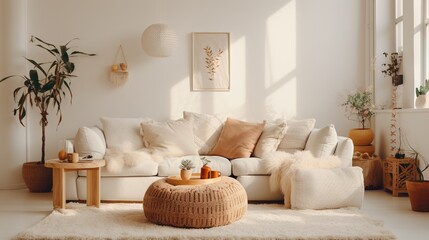 Un salon bohème moderne, minimaliste, confortable et élégant, avec des couleurs neutres. Inspiration pour la décoration intérieure. IA générative, IA - obrazy, fototapety, plakaty