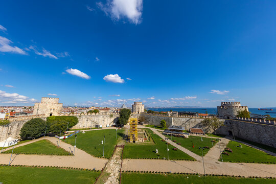 Istanbul, T&uuml;rkiye, October 13, 2023: Yedikule Castle or Yedikule Castle is an ancient symbol of Istanbul. Beautiful view of Istanbul in summer. Panorama of the sea coast in Fatih district.