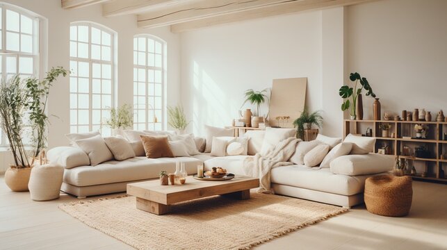 Un salon boh&egrave;me moderne, minimaliste, confortable et &eacute;l&eacute;gant, avec des couleurs neutres. Inspiration pour la d&eacute;coration int&eacute;rieure. IA g&eacute;n&eacute;rative, IA