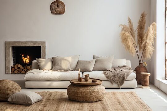 Un salon boh&egrave;me moderne, minimaliste, confortable et &eacute;l&eacute;gant, avec des couleurs neutres. Inspiration pour la d&eacute;coration int&eacute;rieure. IA g&eacute;n&eacute;rative, IA