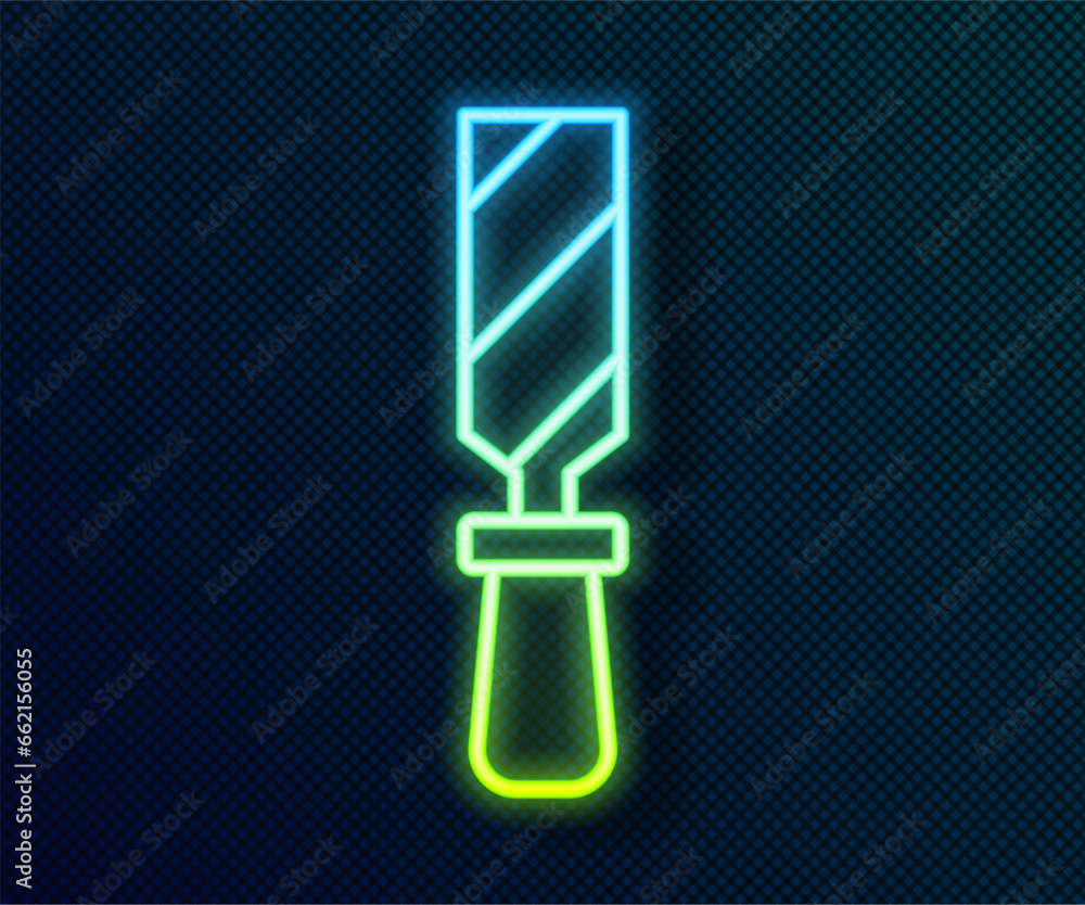 Poster glowing neon line rasp metal file icon isolated on black background. rasp for working with wood and 