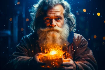 Fotobehang Santa Claus or Saint Nicholas holding magic gift box. Christmas time. Fairytale © zamuruev