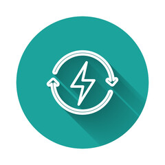 White line Recharging icon isolated with long shadow background. Electric energy sign. Green circle button. Vector