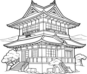 outline illustration of Japan House for coloring page