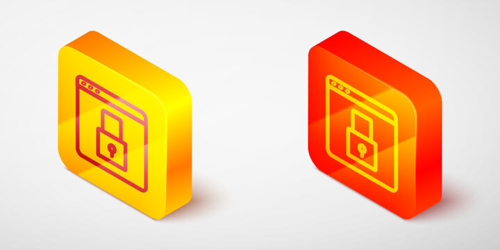 Isometric line Secure your site with HTTPS, SSL icon isolated on grey background. Internet communication protocol. Yellow and orange square button. Vector