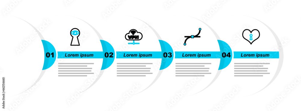 Poster set line heart with keyhole, bezier curve, vpn network cloud connection and keyhole eye icon. vector