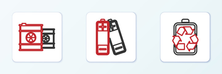 Set line Battery with recycle, Radioactive waste in barrel and icon. Vector