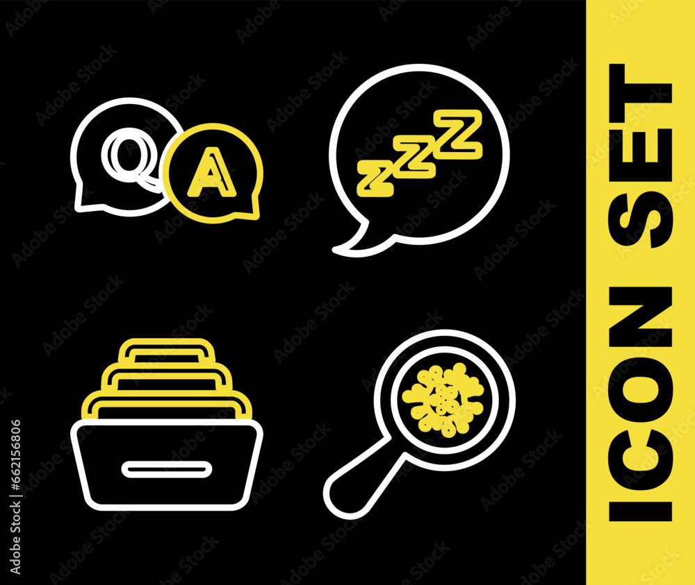 Poster set line speech bubble with snoring, microorganisms under magnifier, drawer documents and question a