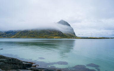 Autumn in Lofoten wiht pretty colours and great light. Norway landscapes with mountains.