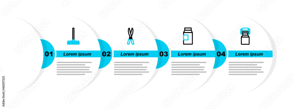 Poster set line can container for milk, paper package, gardening handmade scissors and rake icon. vector