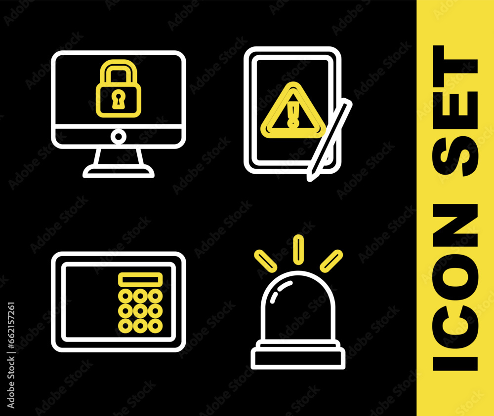 Poster set line tablet with exclamation mark, motion sensor, safe and lock computer monitor icon. vector