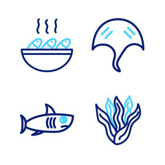 Set line Seaweed, Shark, Stingray and Fish soup icon. Vector