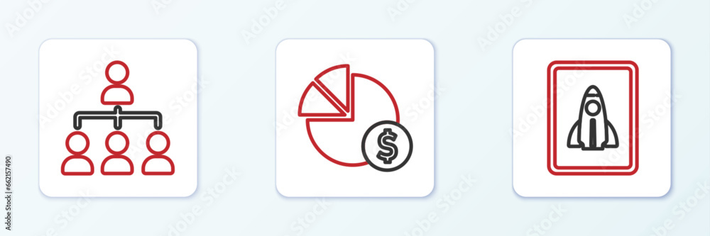 Poster set line startup project concept, hierarchy organogram chart and pie and dollar icon. vector