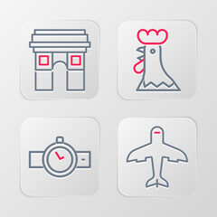 Set line Plane, Wrist watch, French rooster and Triumphal Arch icon. Vector