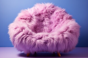 Une belle chaise luxueuse en fourrure aux couleurs pastel, isolée sur un fond coloré. IA générative, IA