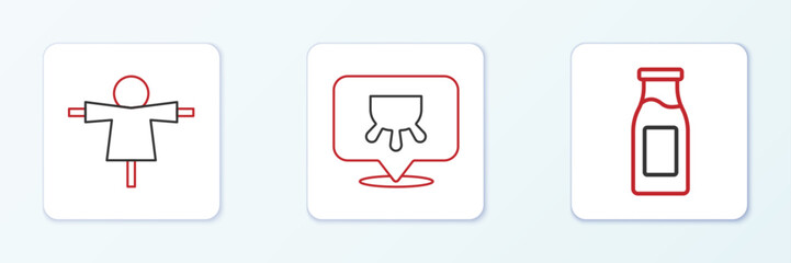 Set line Bottle with milk, Scarecrow and Udder icon. Vector