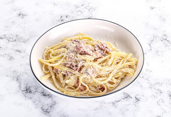Classic pasta carbonara with bacon