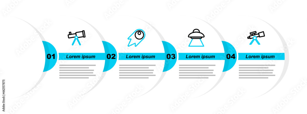 Poster set line telescope, ufo flying spaceship, comet falling down fast and icon. vector