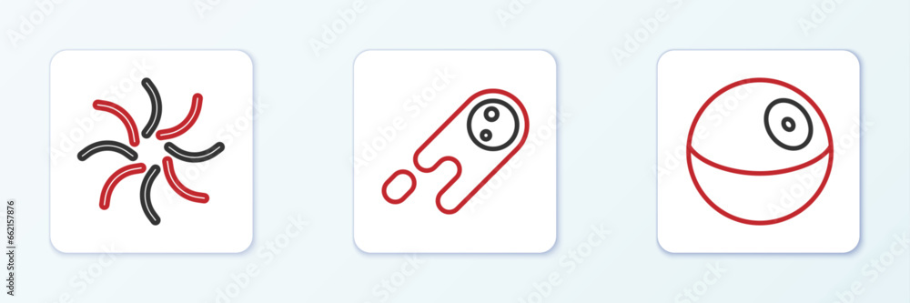 Poster set line planet, black hole and comet falling down fast icon. vector