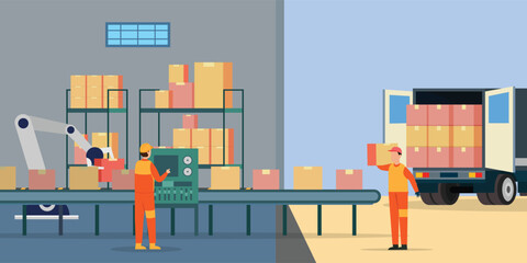 Manufacturing Warehouse Conveyor, Modern Assembly Production Line Industrial 2d vector illustration concept for banner, website, landing page, flyer, etc