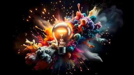 Cosmic clouds serve as a canvas for the radiant display of colors emanating from a brilliant light bulb - obrazy, fototapety, plakaty