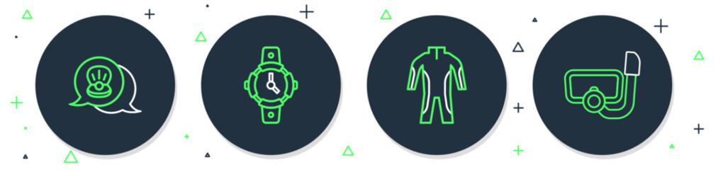 Set line Diving watch, Wetsuit for scuba diving, Scallop sea shell and mask with snorkel icon. Vector
