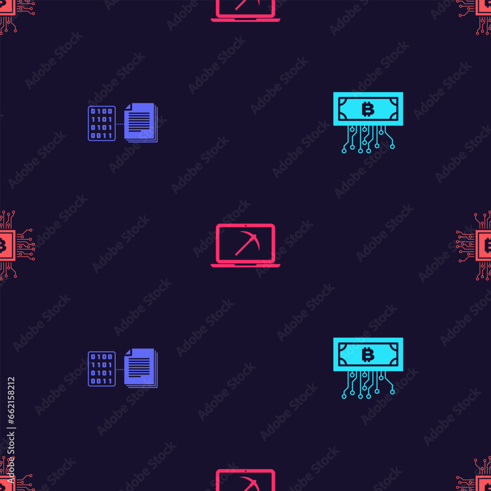 Poster set cryptocurrency bitcoin with circuit, smart contract, mining laptop and pickaxe and cpu mining fa