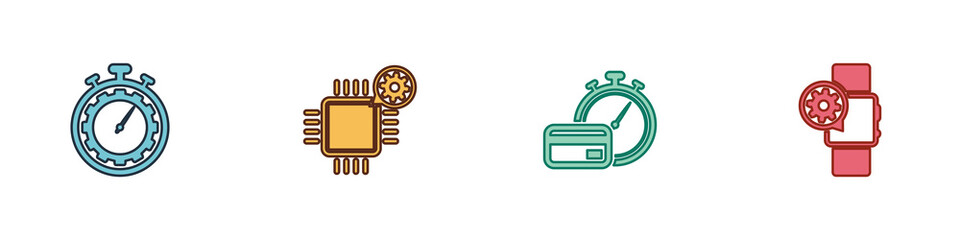 Set Time management setting, Processor, Fast payments and Smartwatch icon. Vector