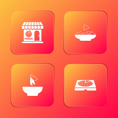 Set Pizzeria building facade, Nachos plate, and Pizza cardboard box icon. Vector